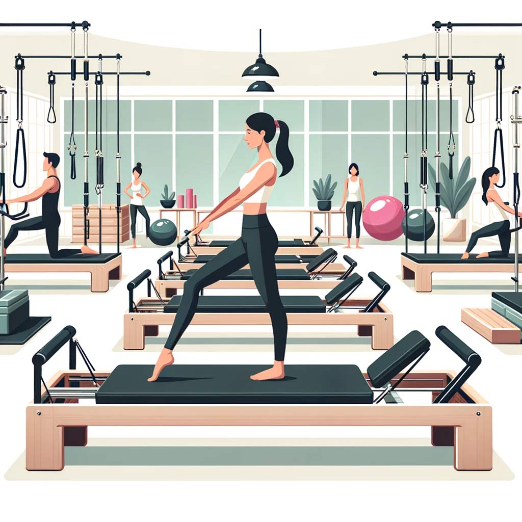 Pilates-studio-environment,-showing-a-female-instructor-demonstrating