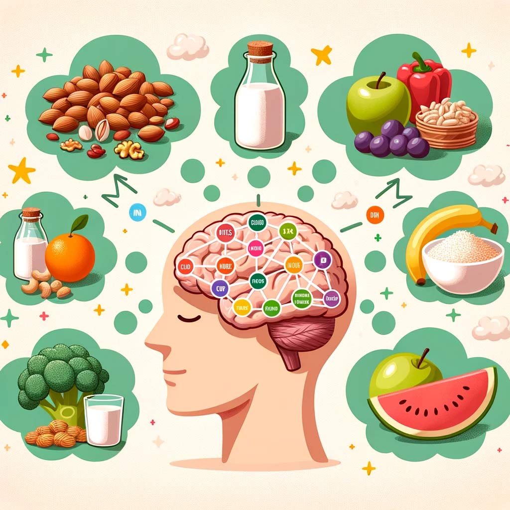 a-brain-with-thought-bubbles-showing-nuts,-fruits,-vegetables,-and-whole-grains