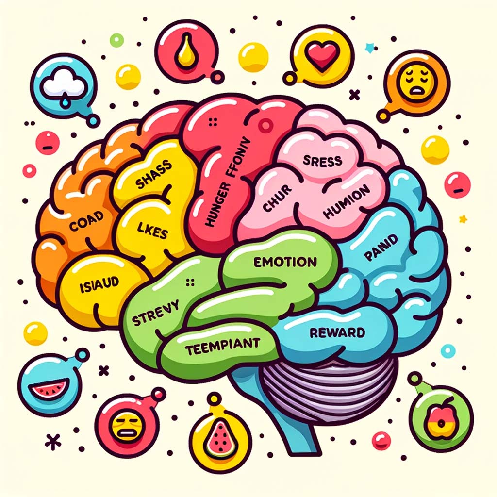 a-brain-with-various-colored-zones,-highlighting-areas-related-to-hunger,-emotion,-and-reward.
