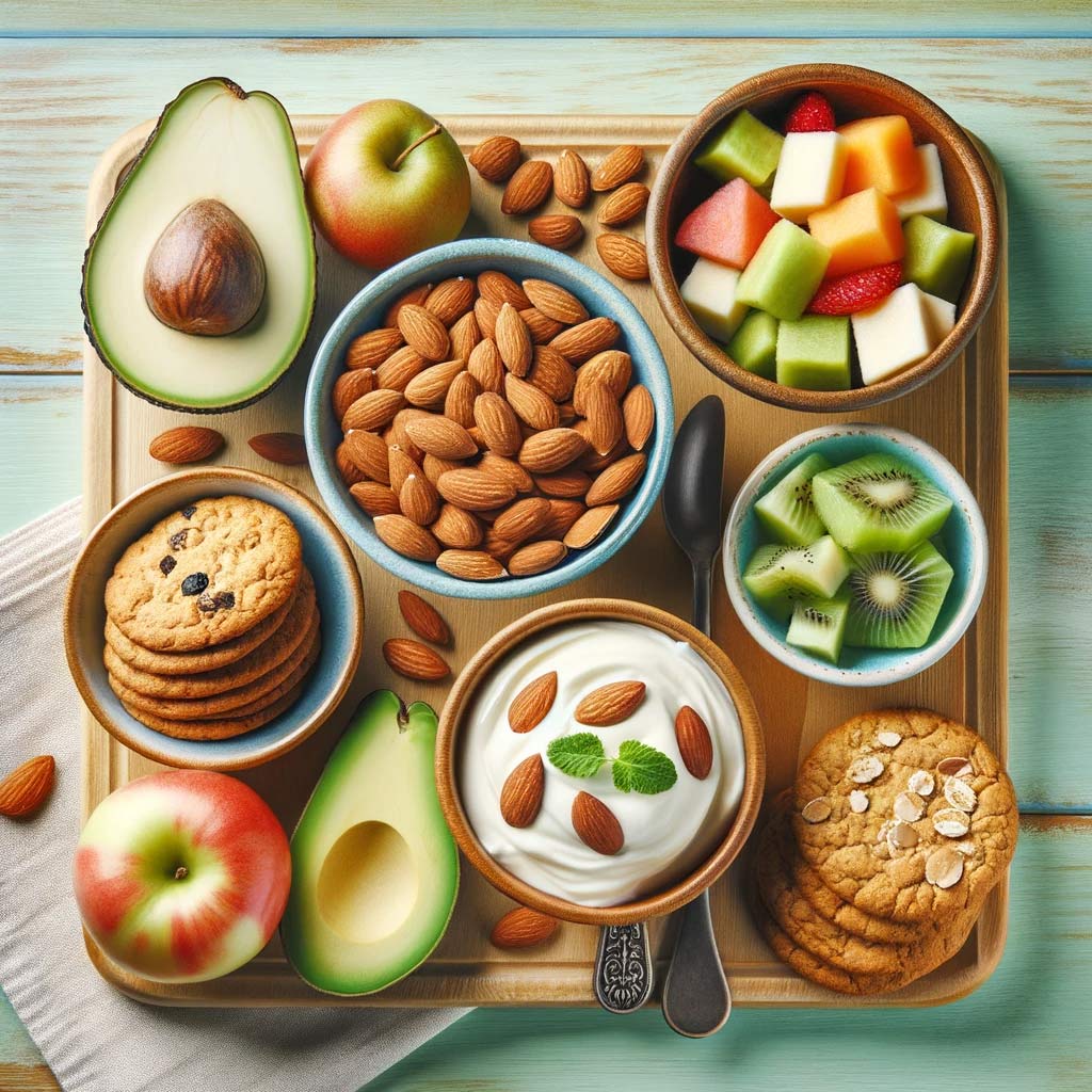 a-bright-wooden-table-with-a-variety-of-snacks-spread-out.-There's-a-bowl-of-almonds,-slices-of-avocado