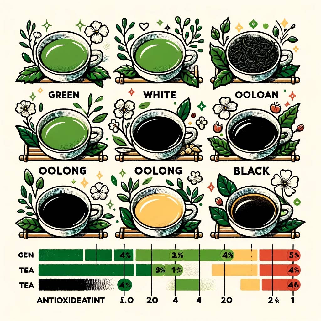 a comparison chart showcasing different types of teas, including green, white, oolong
