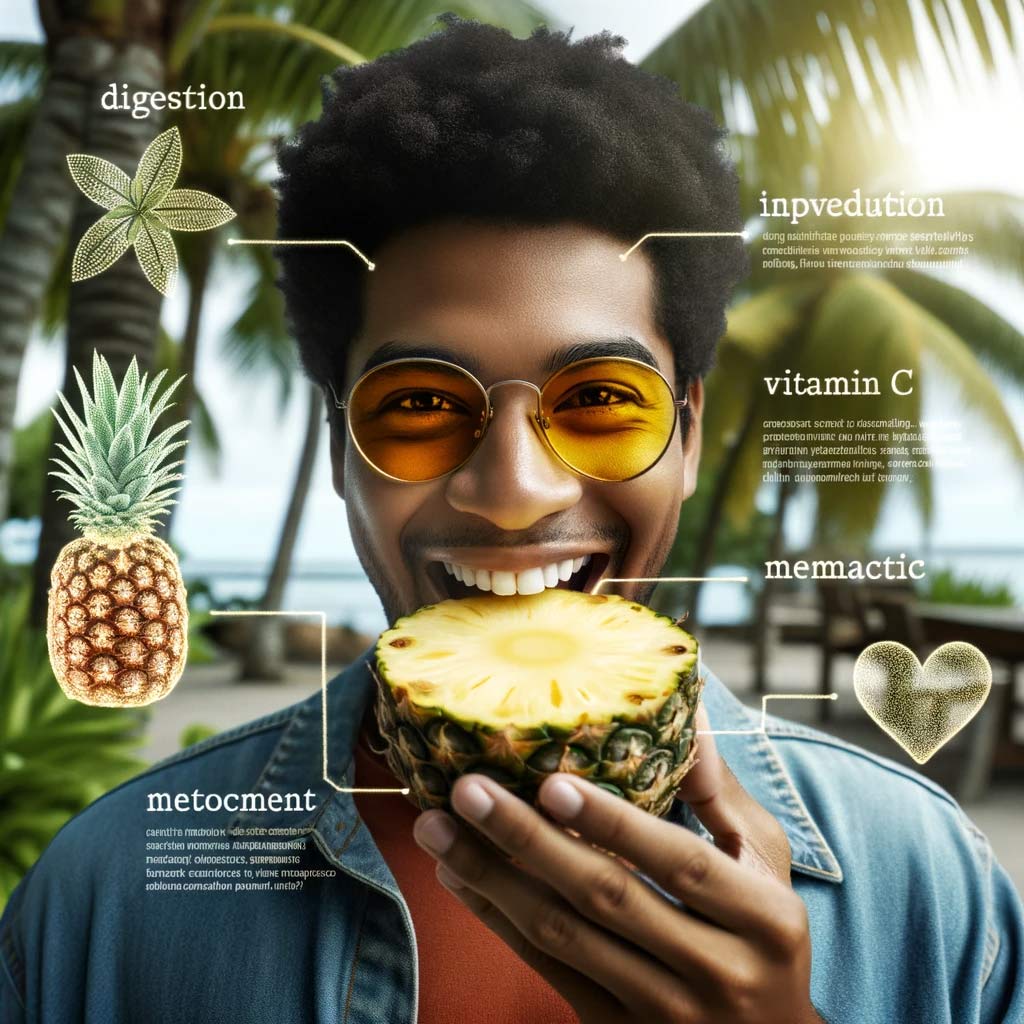 a diverse individual enjoying a slice of pineapple, with visual overlays indicating the benefits of pineapple consumption,