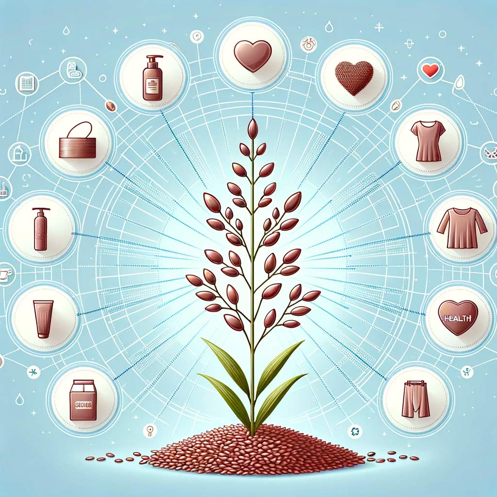 a flax plant in the center with radiating lines connecting it to icons symbolizing its various uses. 