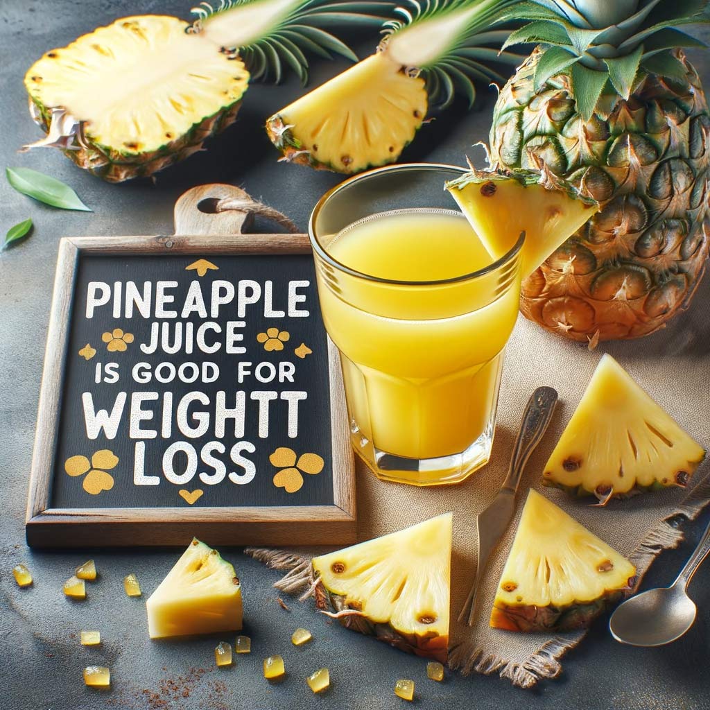 a glass of pineapple juice surrounded by fresh pineapple slices with a visible text overlay saying