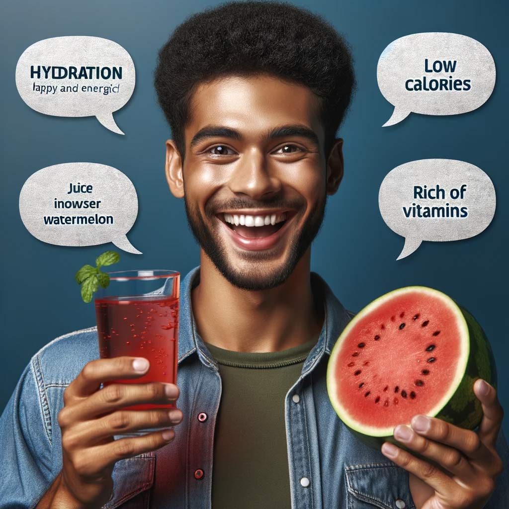 a happy and energetic individual of diverse descent holding a glass of watermelon juice