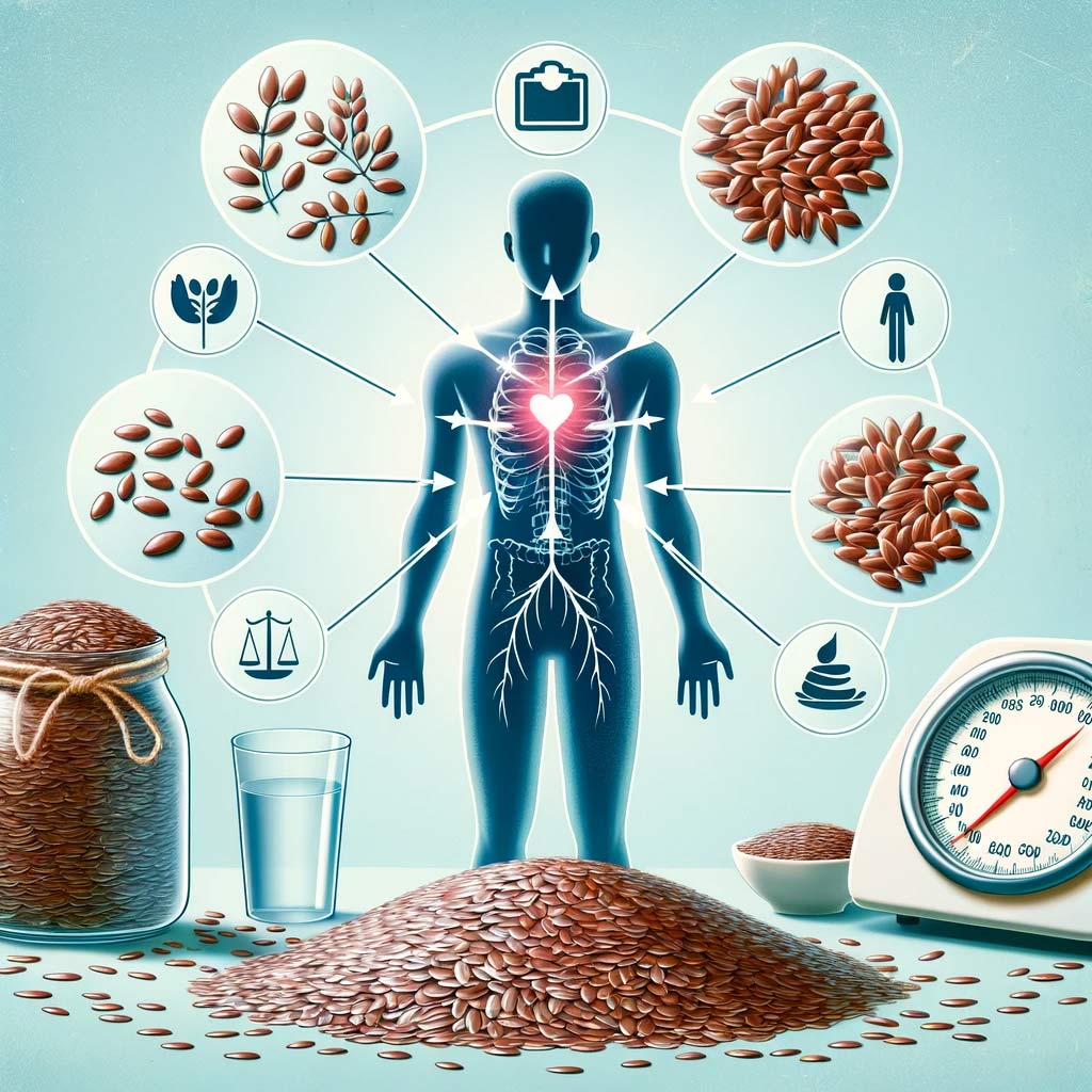 a human silhouette with arrows pointing to various benefits of consuming flax seeds,
