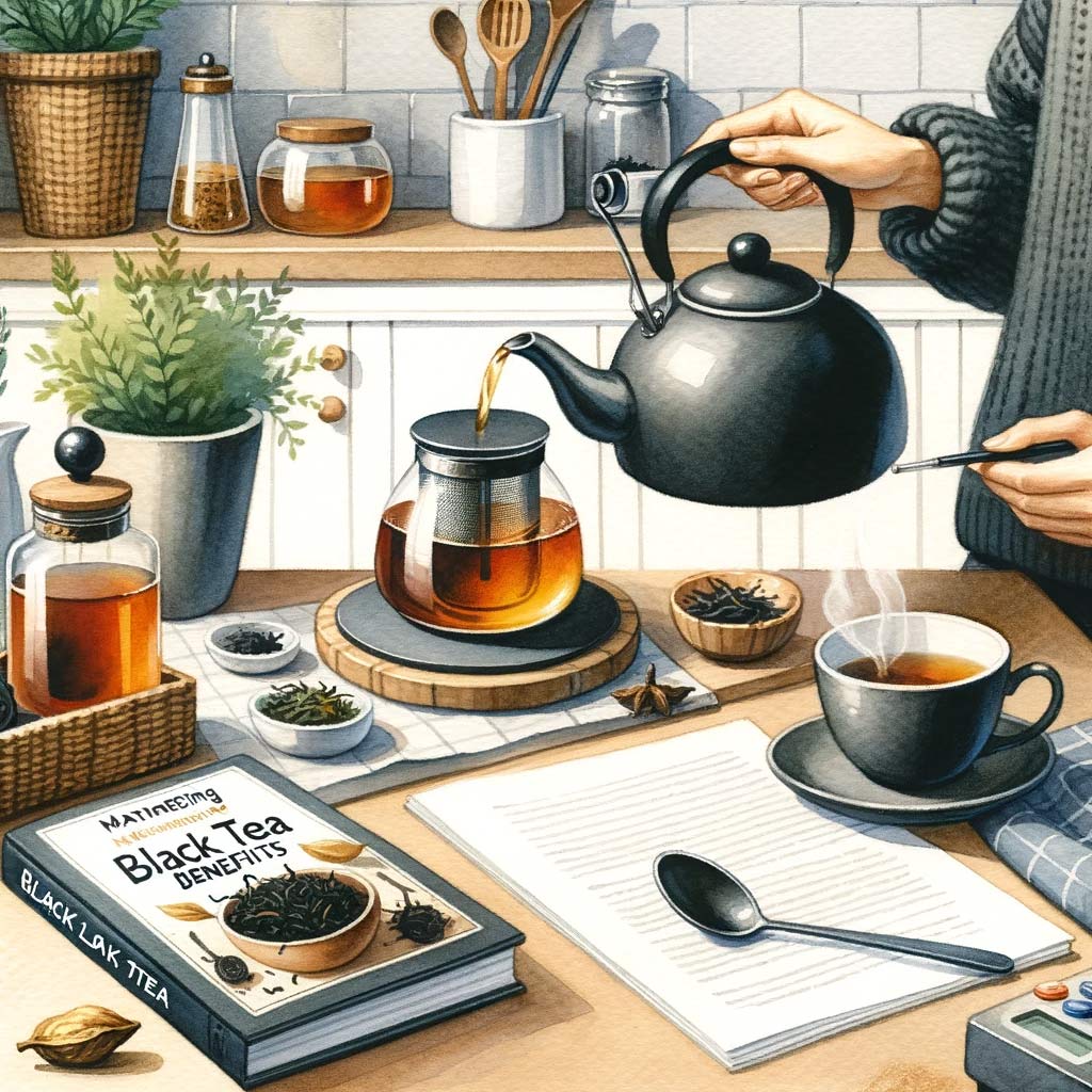 a kettle boiling, a tea infuser with black tea, and a guidebook titled