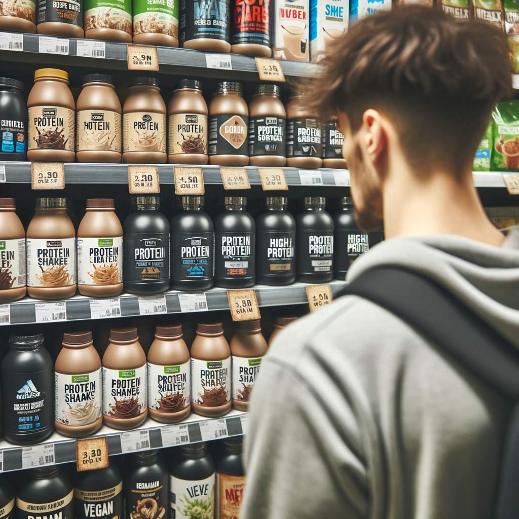 a-person-in-a-store-aisle,-scrutinizing-the-nutritional-label-of-a-protein-shake-bottle