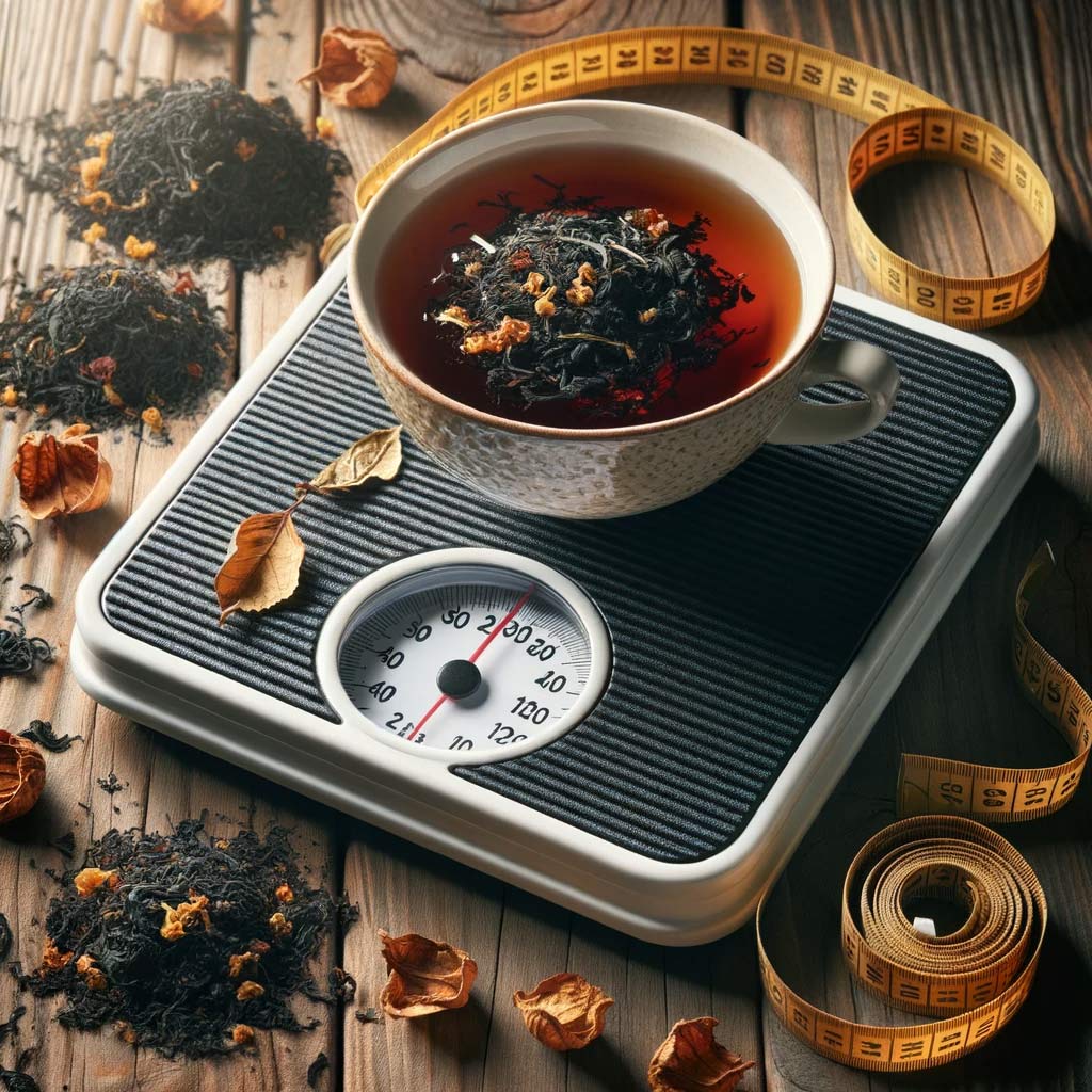 a scale on a wooden table with dried black tea leaves scattered around,