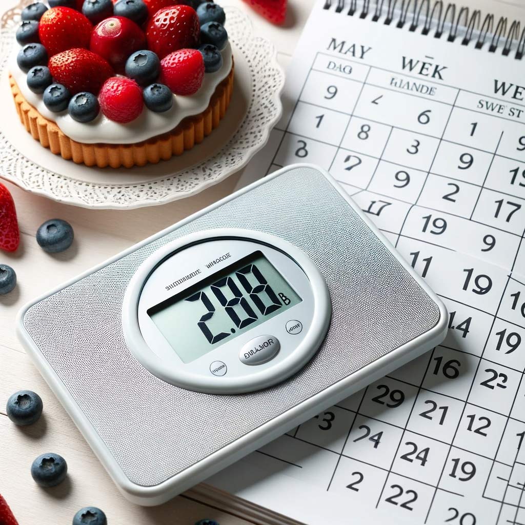 a-slim-digital-scale-displaying-a-lower-weight,-with-a-calendar-in-the-background-marking-a-2-week-time-frame