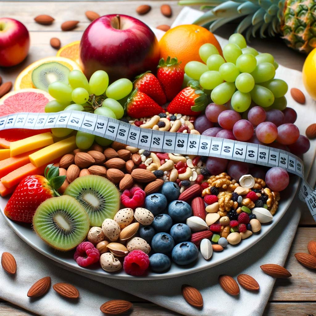 a-variety-of-colorful-fruits-nuts-and-whole-grain-snacks-arranged-neatly-on-a-plate-with-a-tape-measure