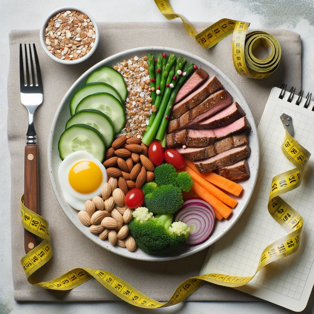 balanced-plate-with-portions-of-protein,-whole-grains,-and-vegetables,-with-a-tape