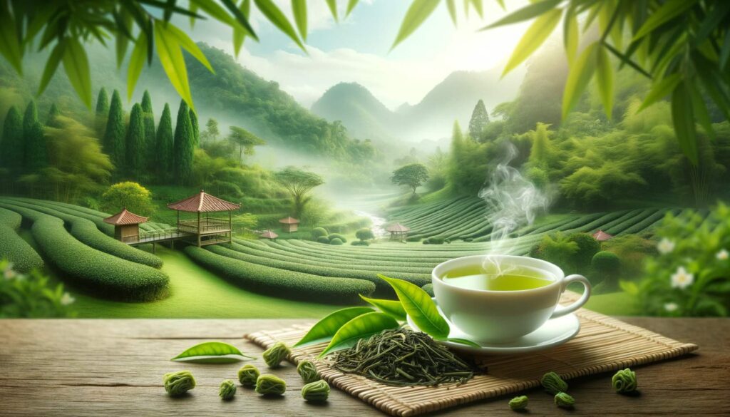 cup-of-green-tea-placed-on-a-bamboo-mat,-surrounded-by-fresh-tea