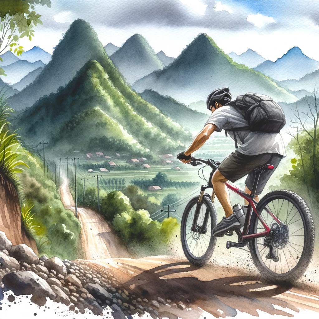 man-cycling-determinedly-up-a-steep-hill,-with-picturesque-mountains