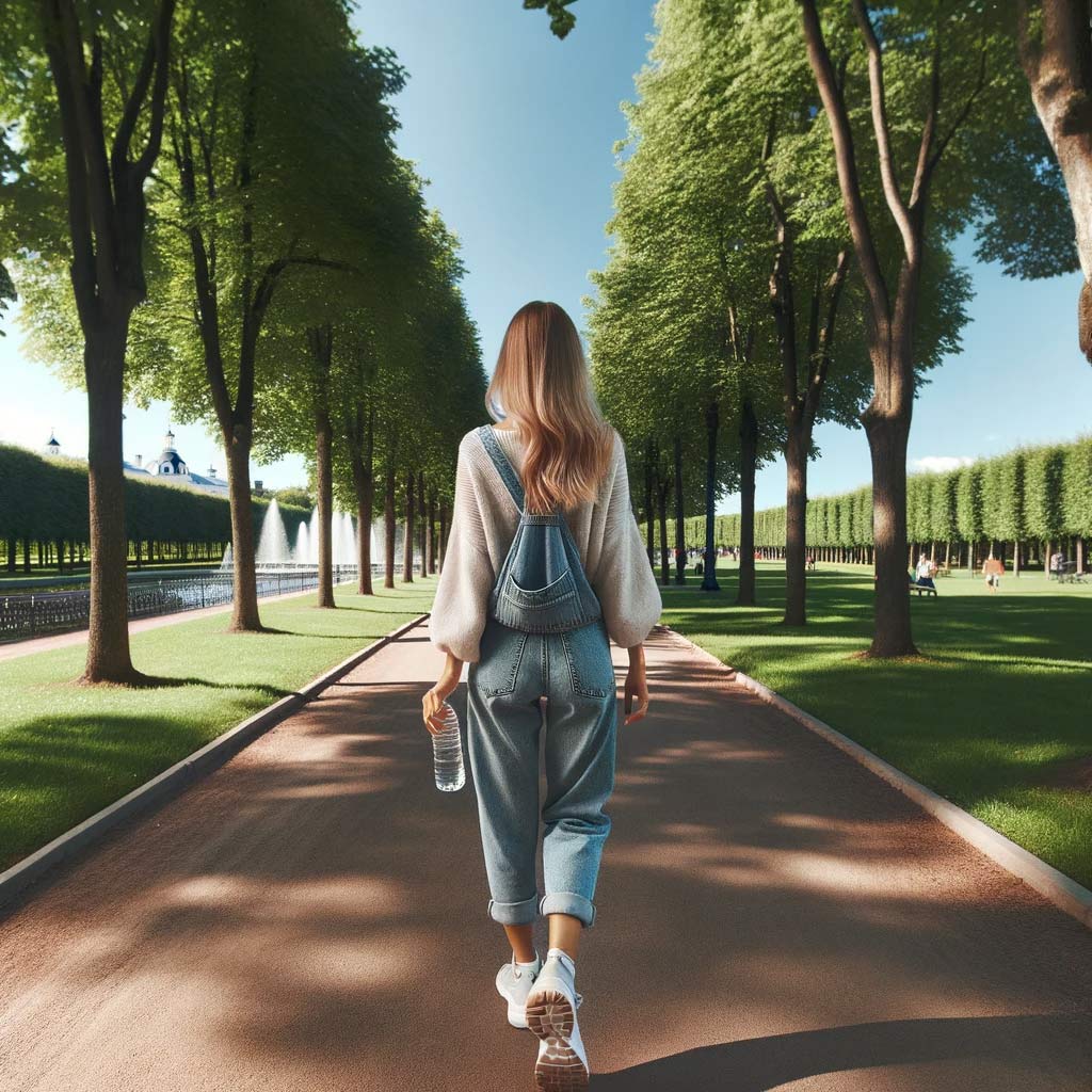 pregnant-woman-walking-in-a-park,-with-trees-lining-the-path-and-a-clear-blue-sky-above.-She-wears-comfortable