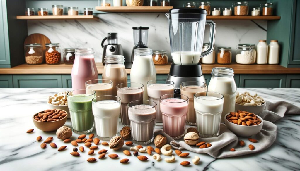 versatility-of-nut-milks-and-protein-shakes.-Multiple-glasses-filled-with-different-colored-shakes-and-nut-milks
