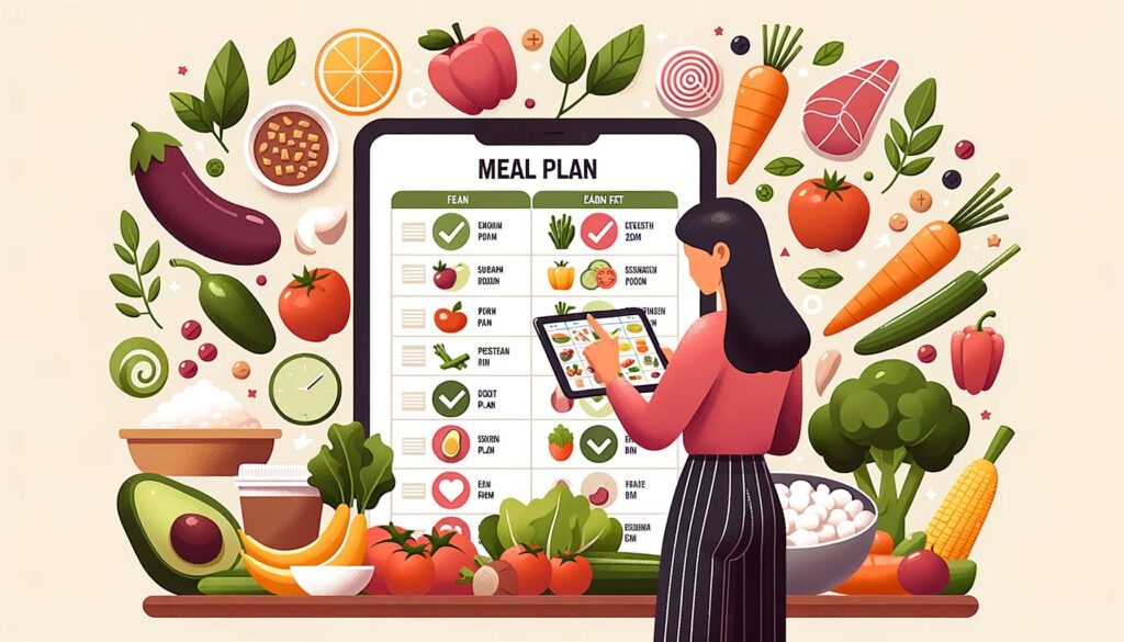 woman-analyzing-a-meal-plan-chart-on-a-digital-tablet.-Background-shows-various-healthy-foods-like-vegetables