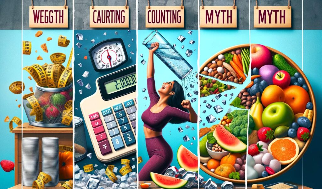 An-image-divided-into-four-sections-each-visualizing-a-concept-related-to-weight-loss-without-counting-calories