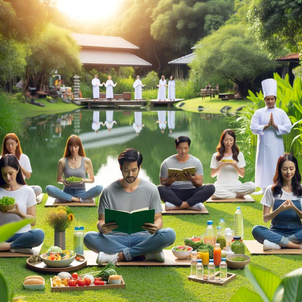 a serene outdoor setting with a diverse group of people engaged in activities like meditation,